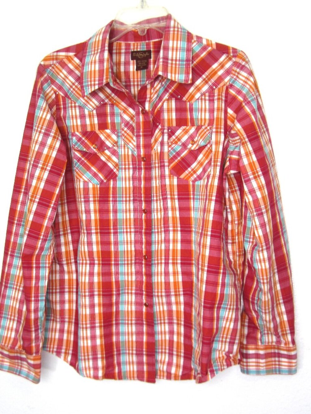 Life Style Size XL Pearl Snap Shirt Top Pink Orange Western Plaid Metallic VGUC